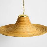Beautiful, large Italian 1970s bright bamboo wood ceiling pendant lamp