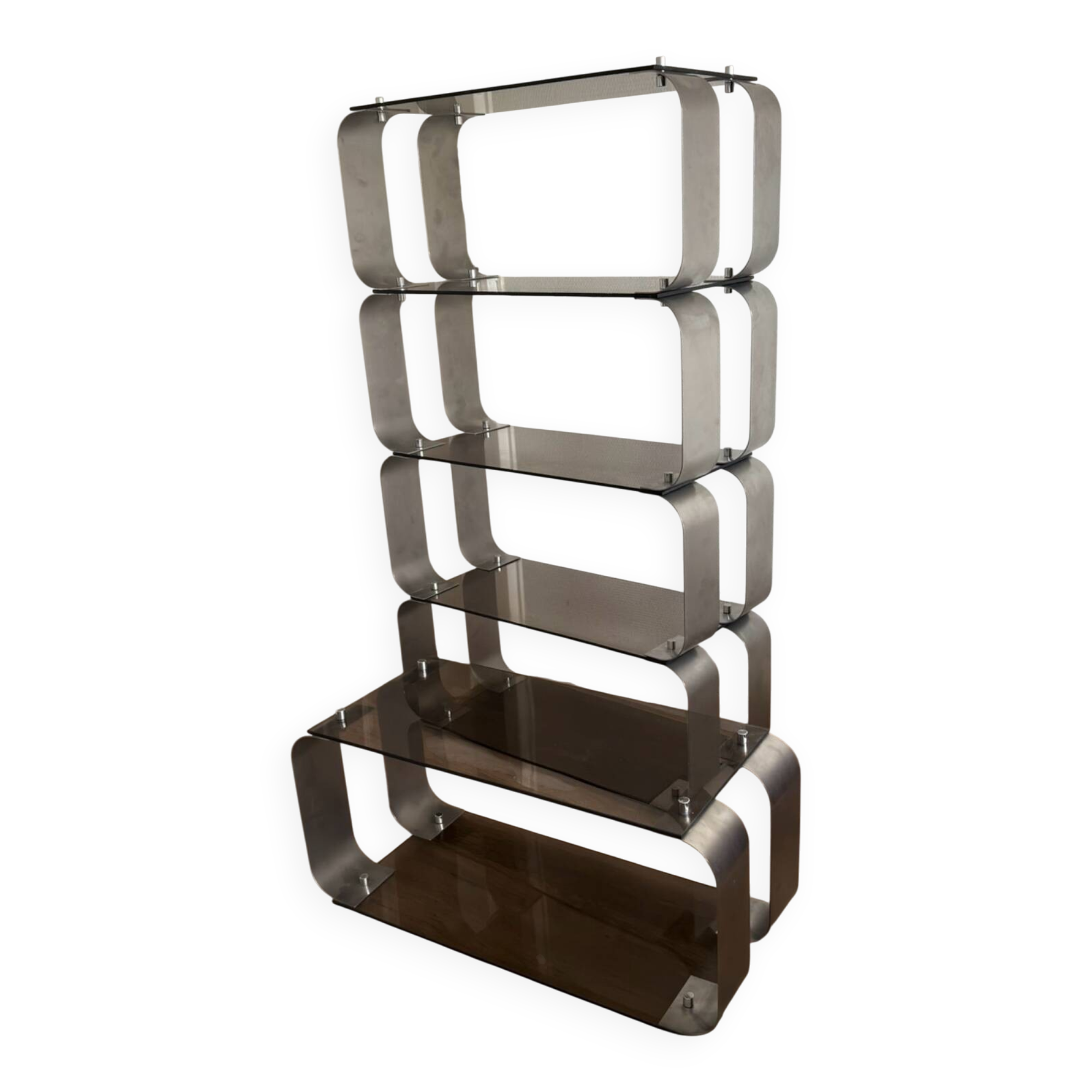 Stainless steel and smoked glass shelves by Donald Singer