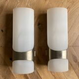 Brushed metal and ribbed opal plastic wall lights