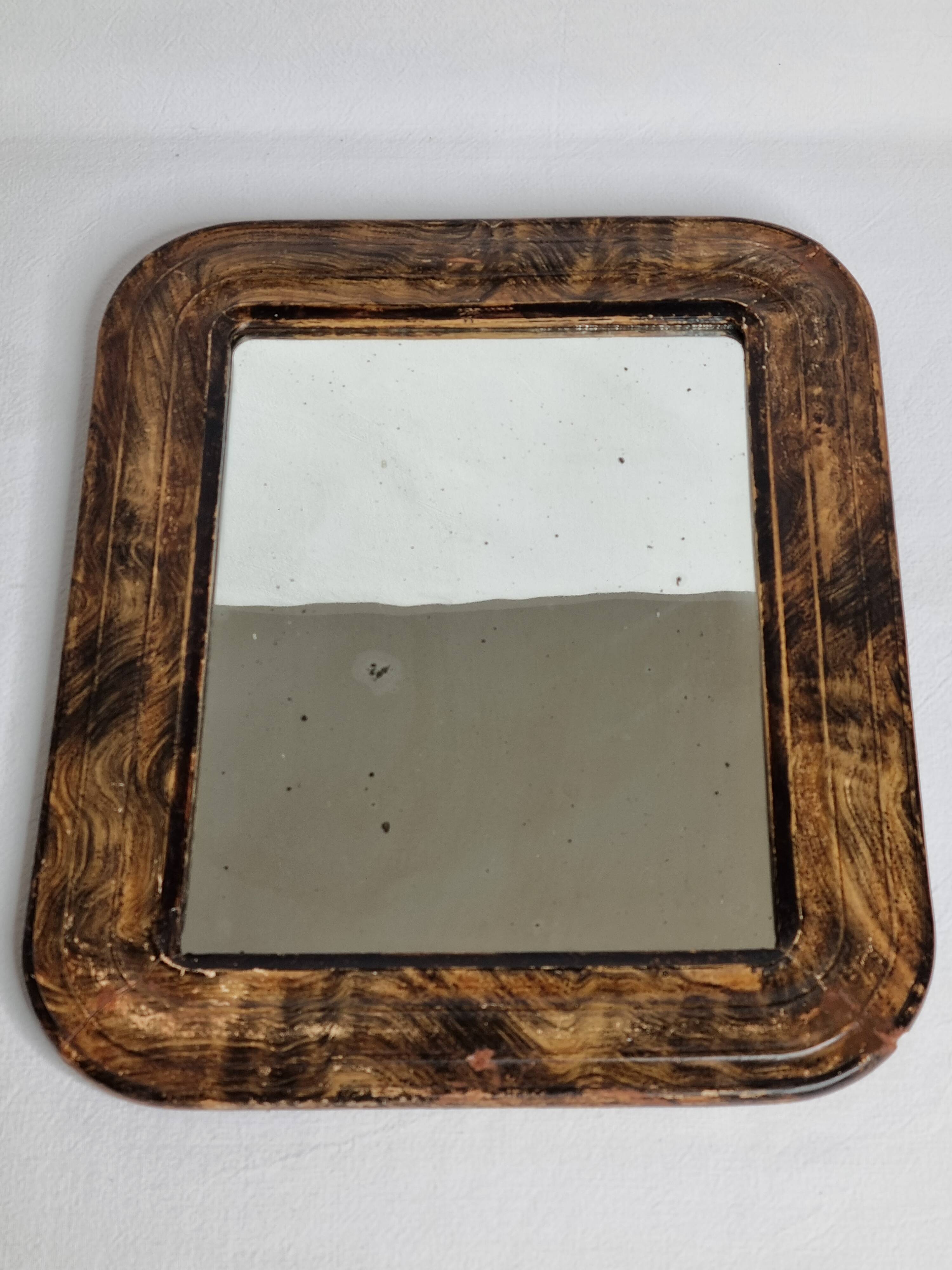 Antique Louis-Philippe mirror, rounded corners, imitation wood, 30 x 37 cm