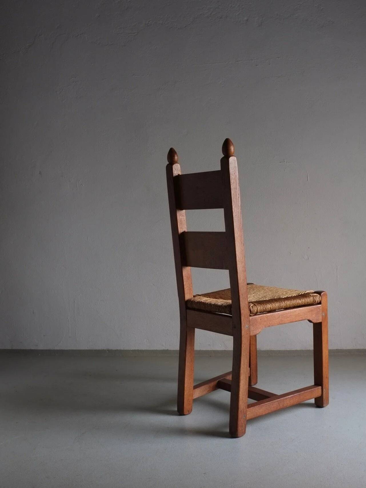 4 brutalist oak rush seat chairs | France | 1960s