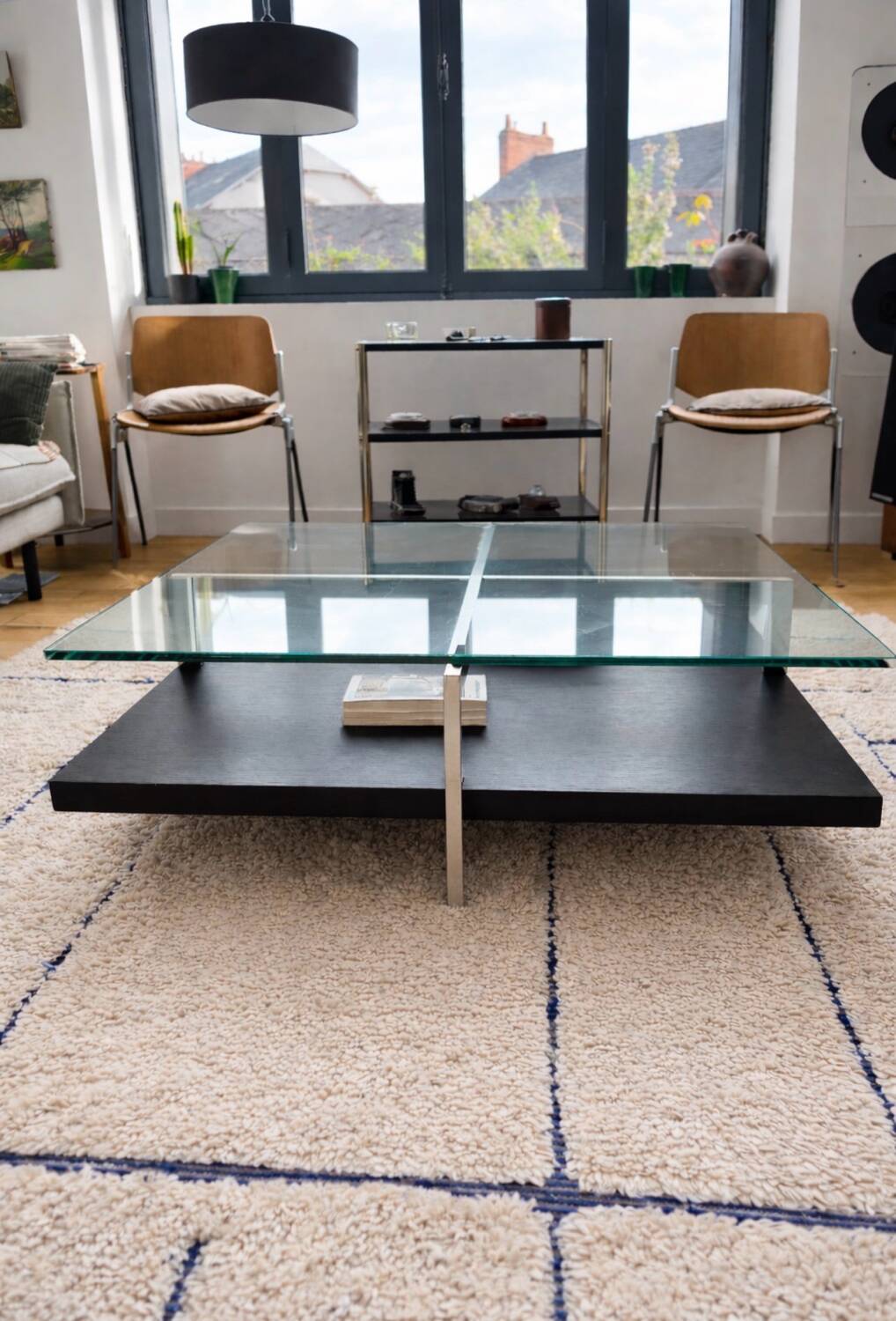 Glass and chrome metal coffee table