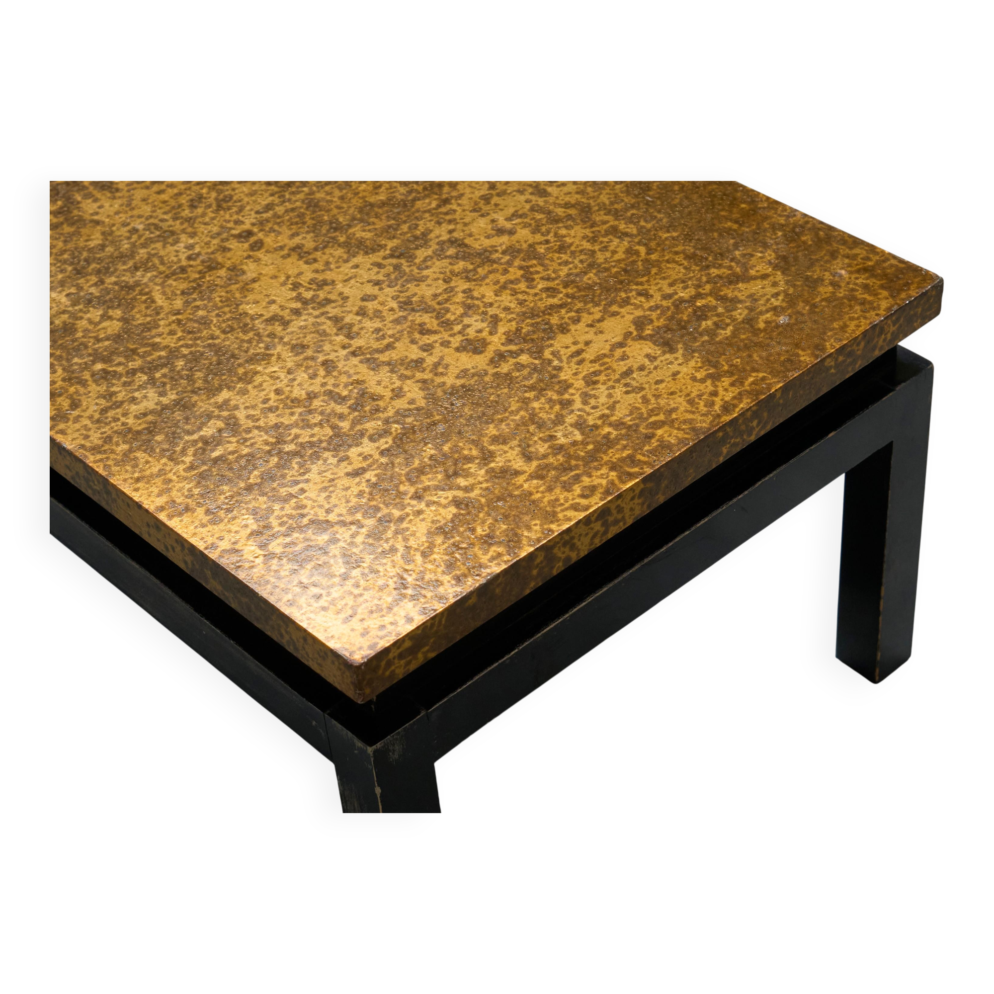 Modernist coffee table with a patinated gold top, 120x52.5x36 cm, mid-20th century.