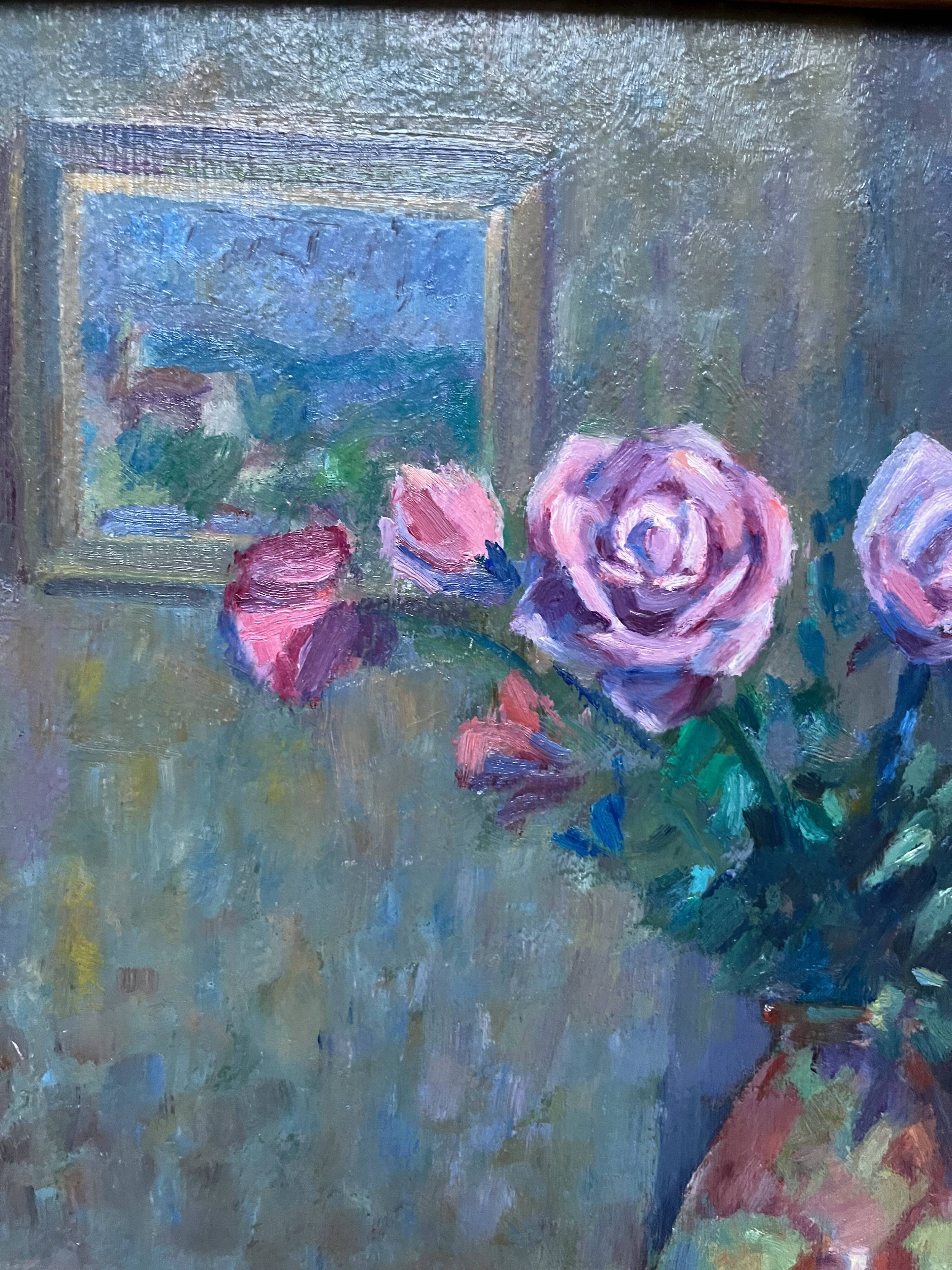 HSP Composition Interior painting with roses, glass paste vase and piano