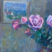 HSP Composition Interior painting with roses, glass paste vase and piano