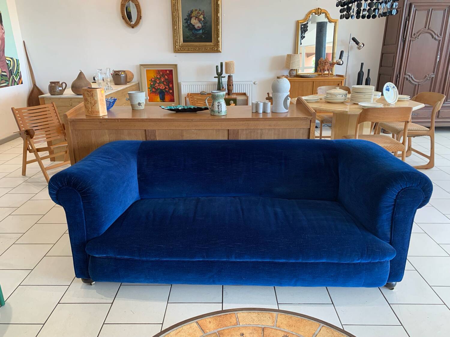 English Velvet Sofa, Blue, Circa 1950s Vintage