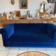 English Velvet Sofa, Blue, Circa 1950s Vintage