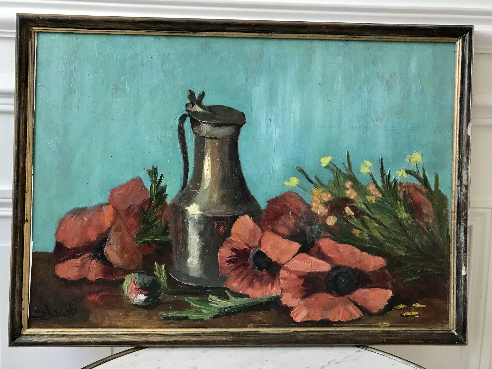 Old painting signed still life pitcher and poppies on vintage azure background