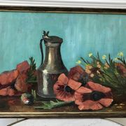 Old painting signed still life pitcher and poppies on vintage azure background
