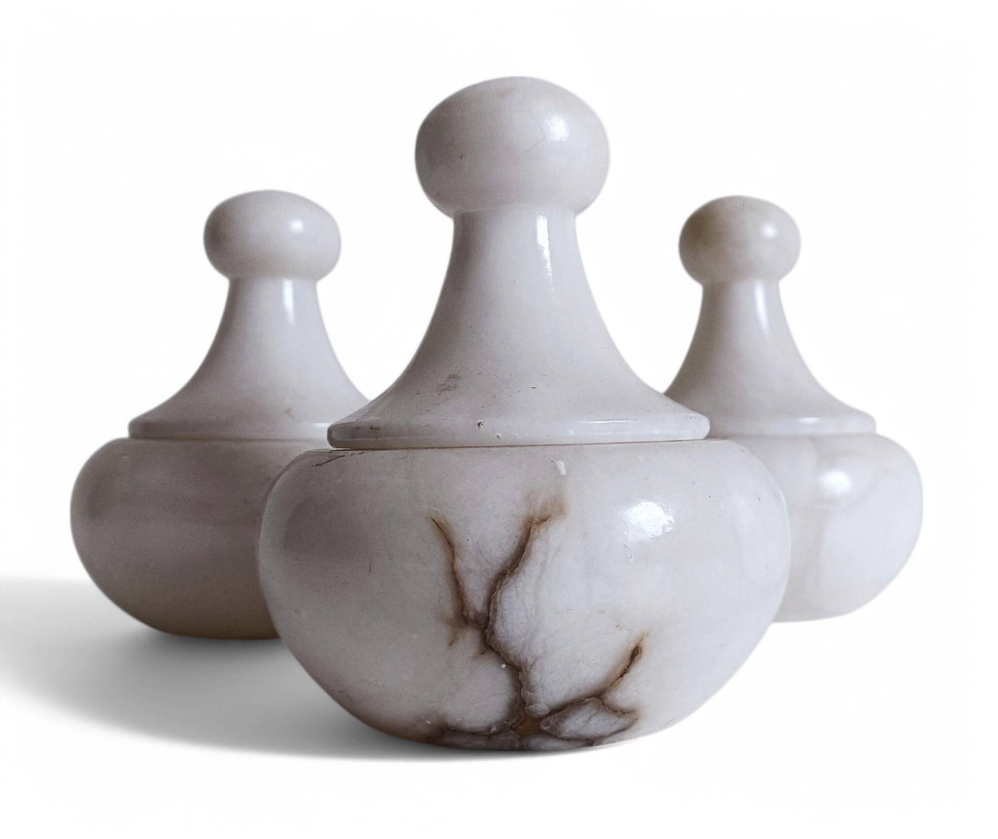 Art Deco Alabaster Set of Three Lidded Urns, Hand-Carved in Spain