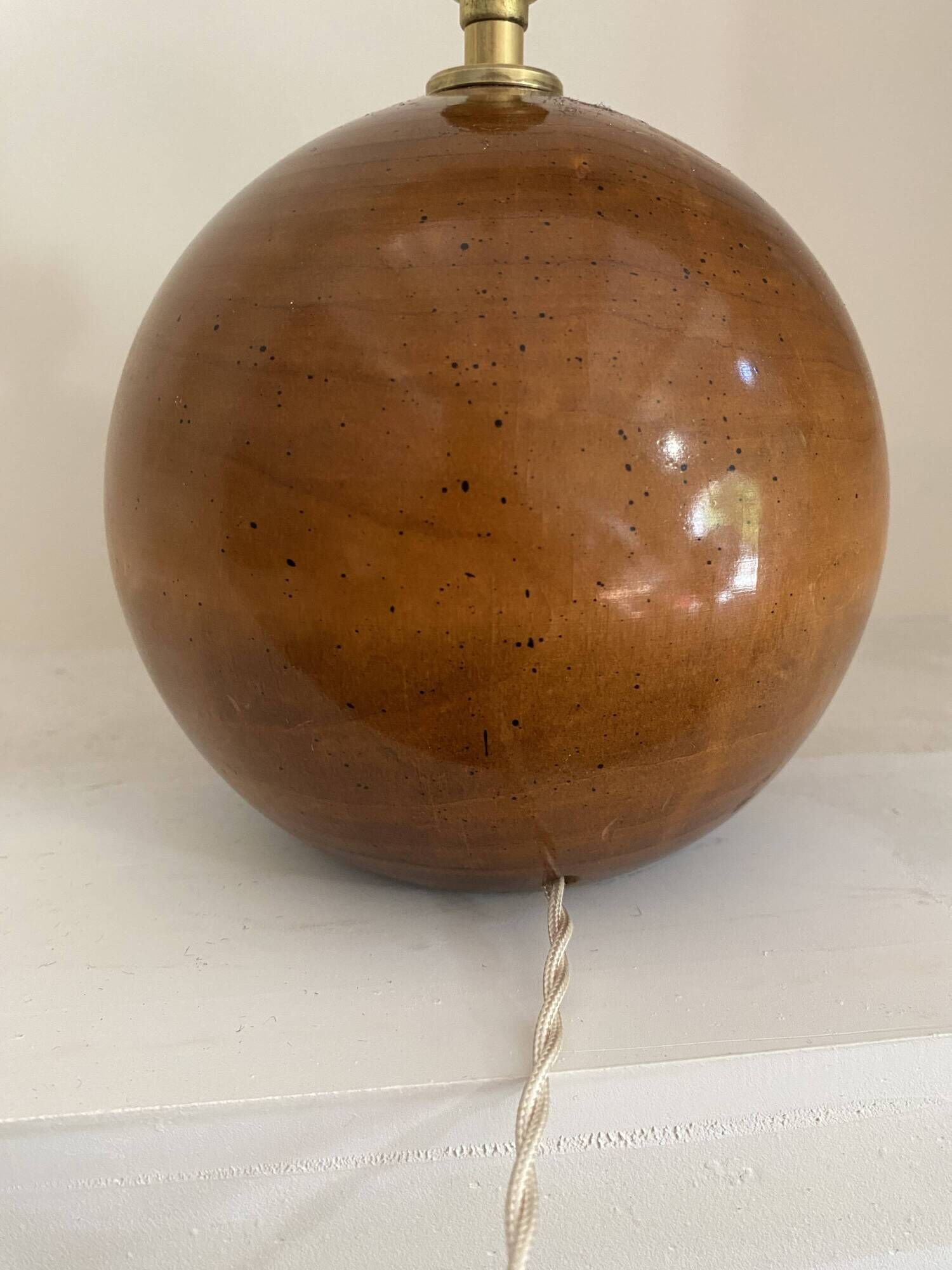 Wooden lamp, new braided fabric cable, cord lampshade, 1960s.