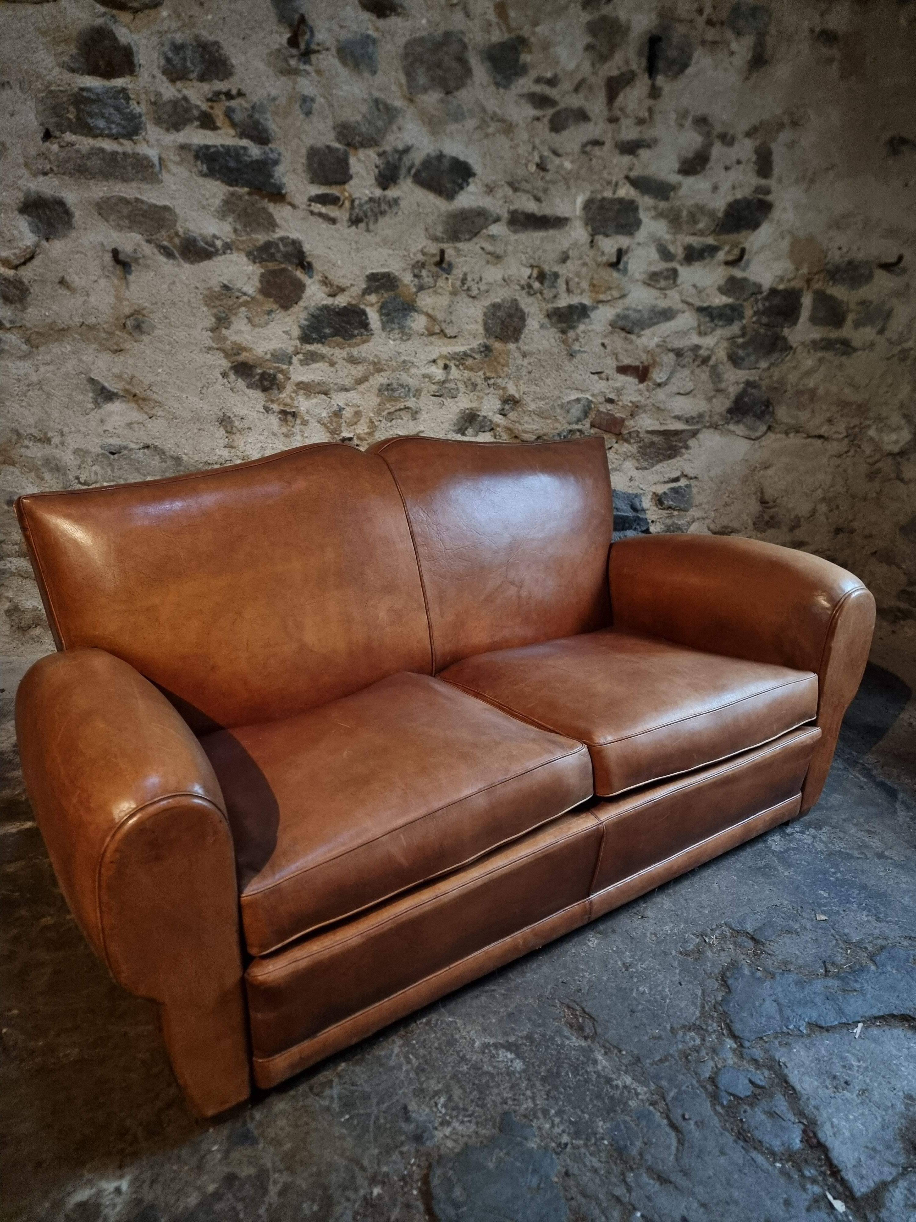 Vintage French leather moustache canapé, 1940s–1950s