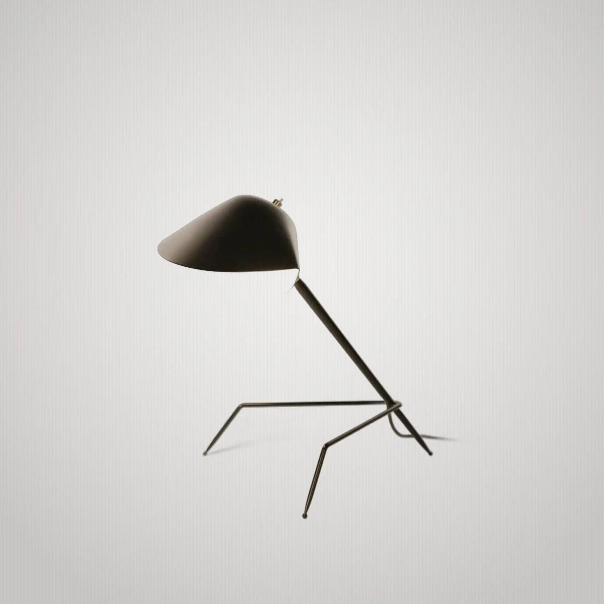 Serge Mouille tripod desk lamp, metallic finish table lamp.