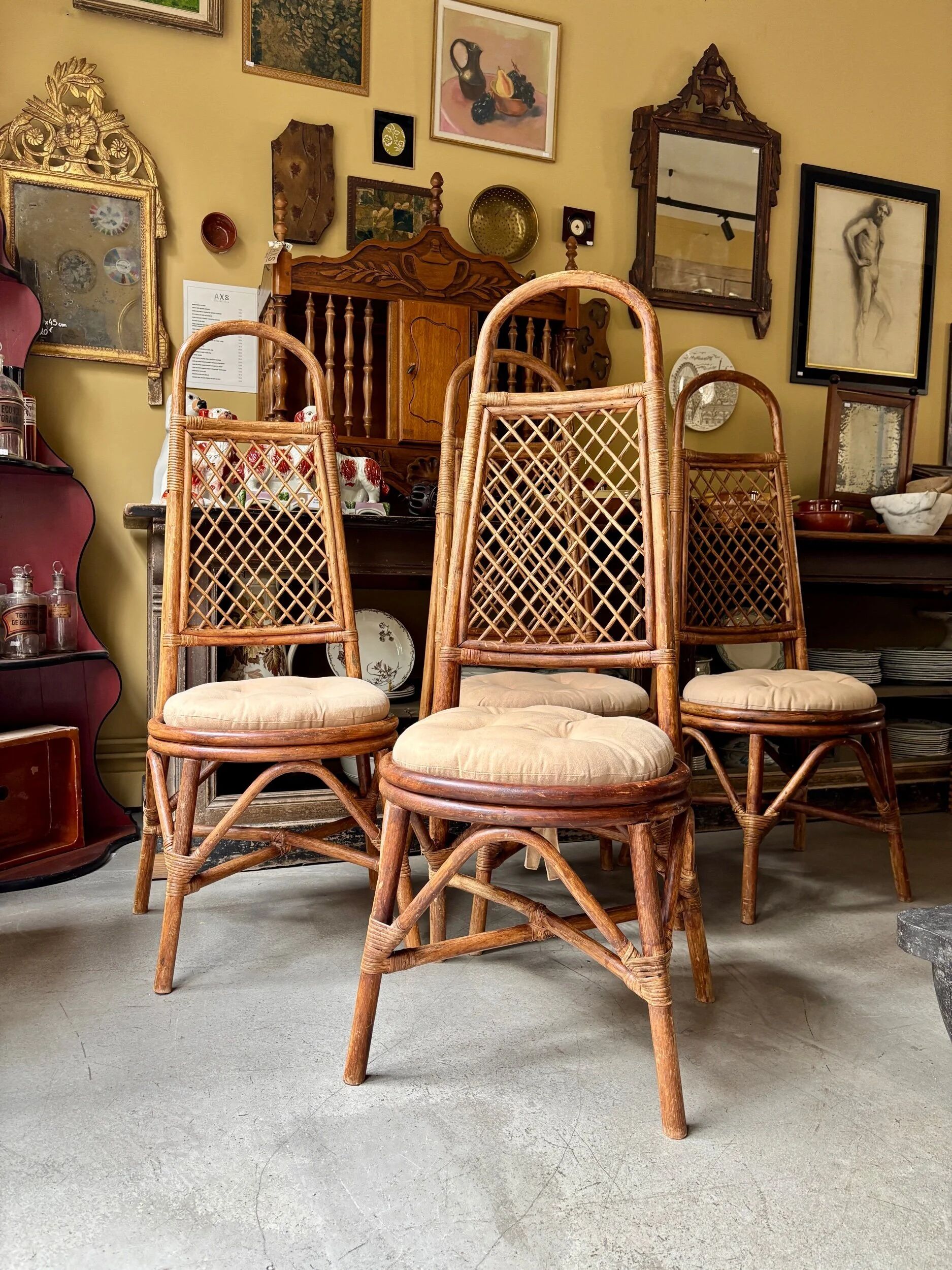 4 bent bamboo and rattan chairs