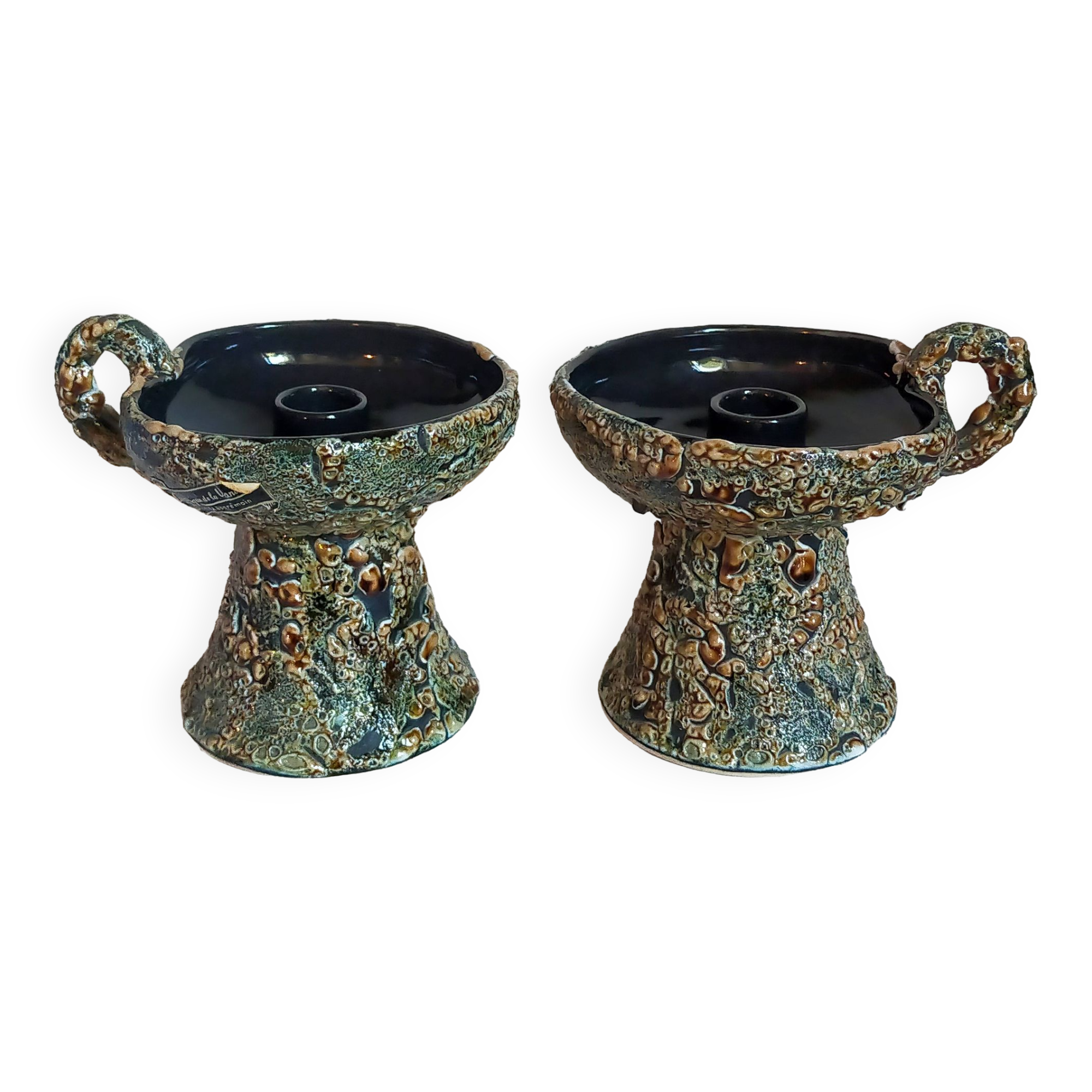 Pair of vintage Vanoise honey foam ceramic candlesticks