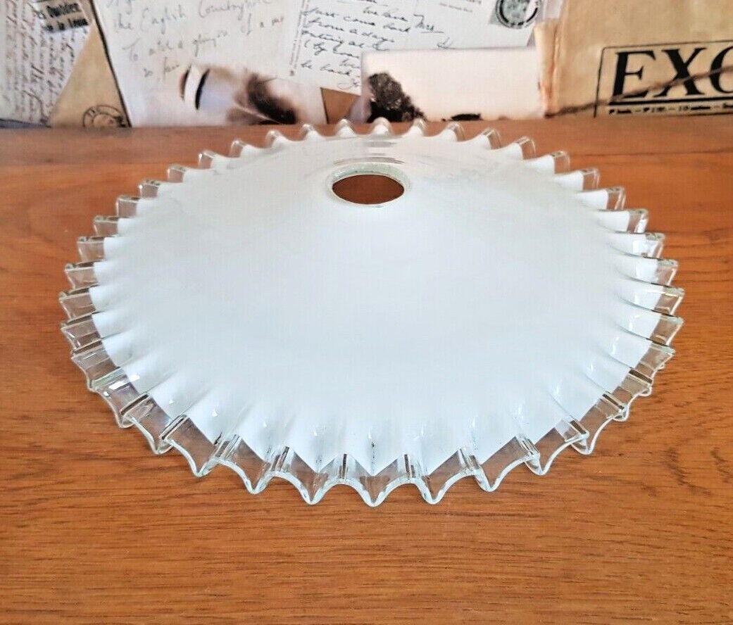 Vintage french frilled glass pendant shade white frosted glass clear edge 3649