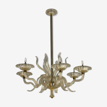 Lustre vénitien en verre de murano doré, 6 bras de lumière