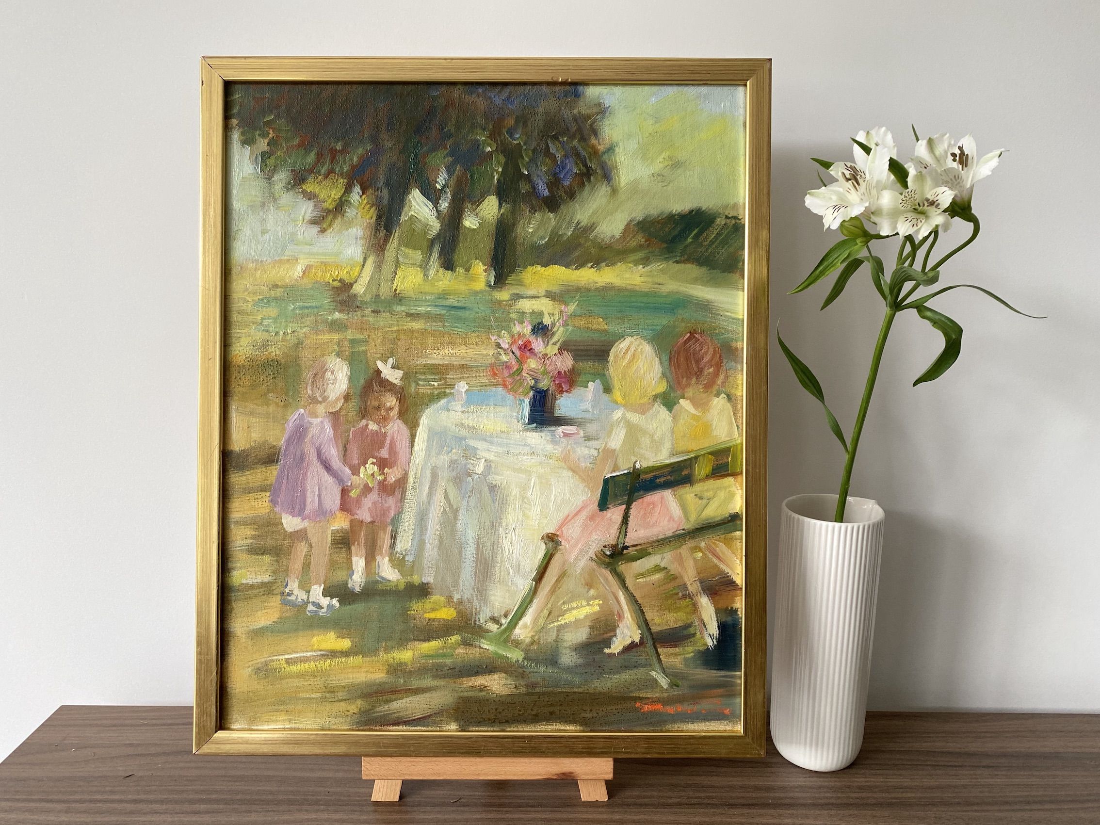 Vintage mid century swedish framed oil painting - garden party