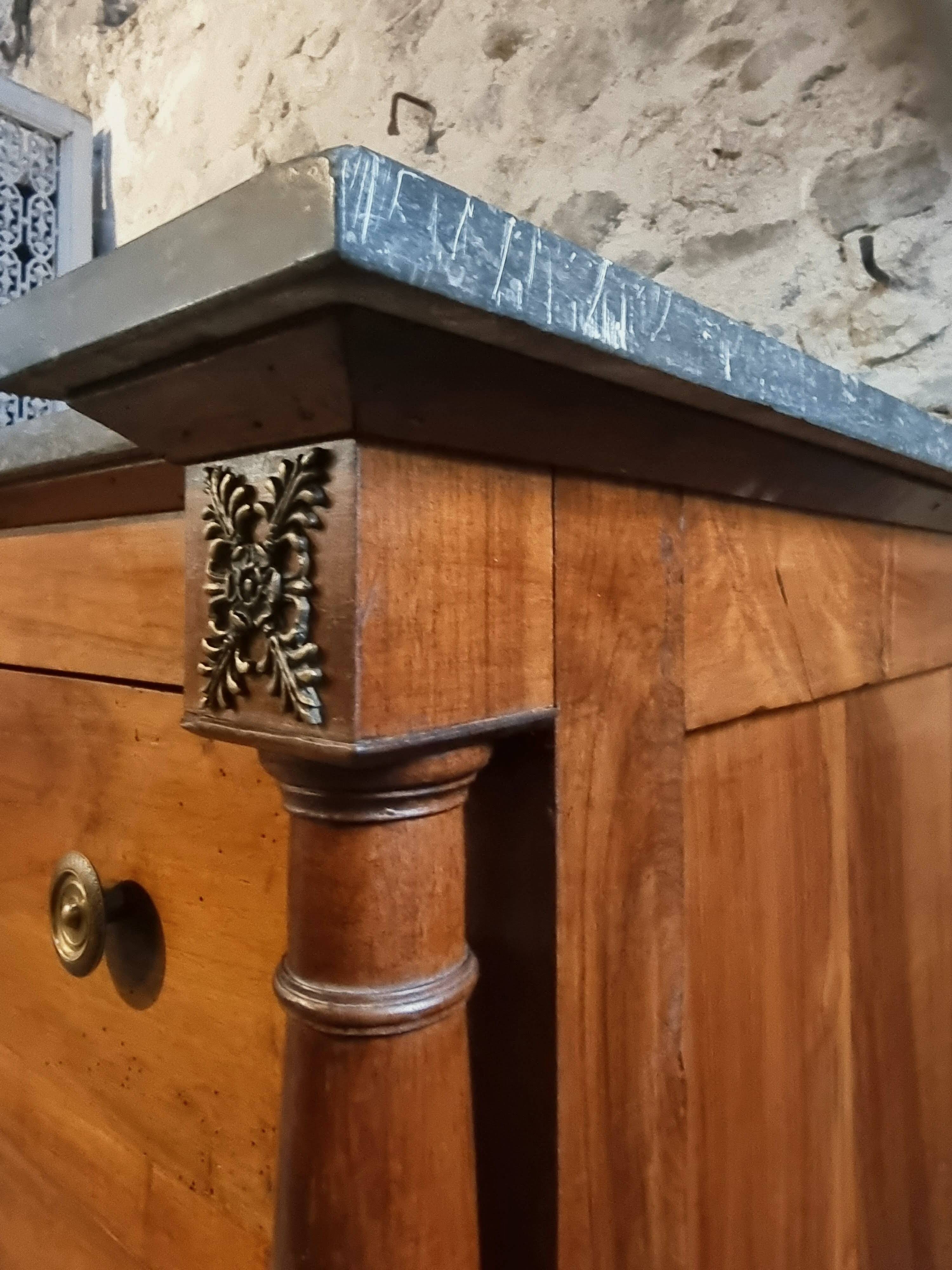 Antique commode, walnut and oak, marble top, 3 drawers, France circa 1820–1850.