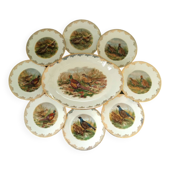 Game Bird Limoges Dinnerware Set. Full Set of 8 Limoges Porcelain Game Bird Plates and Platter.