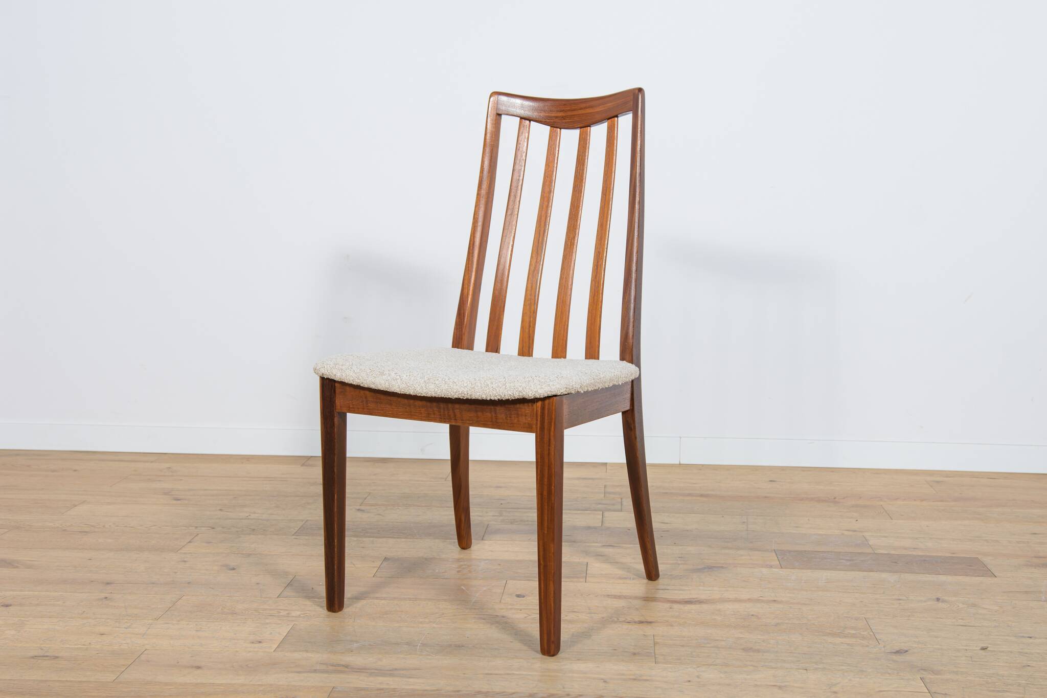 Mid-century teak and fabric dining chairs by Leslie Dandy for G-Plan.