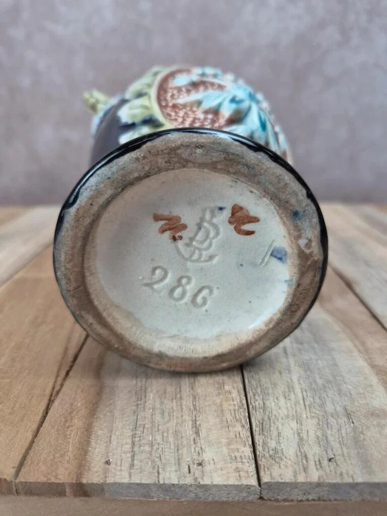 Gustave De Bruyne barbotine vase Fives Lille with an old floral decoration and stylised handles.