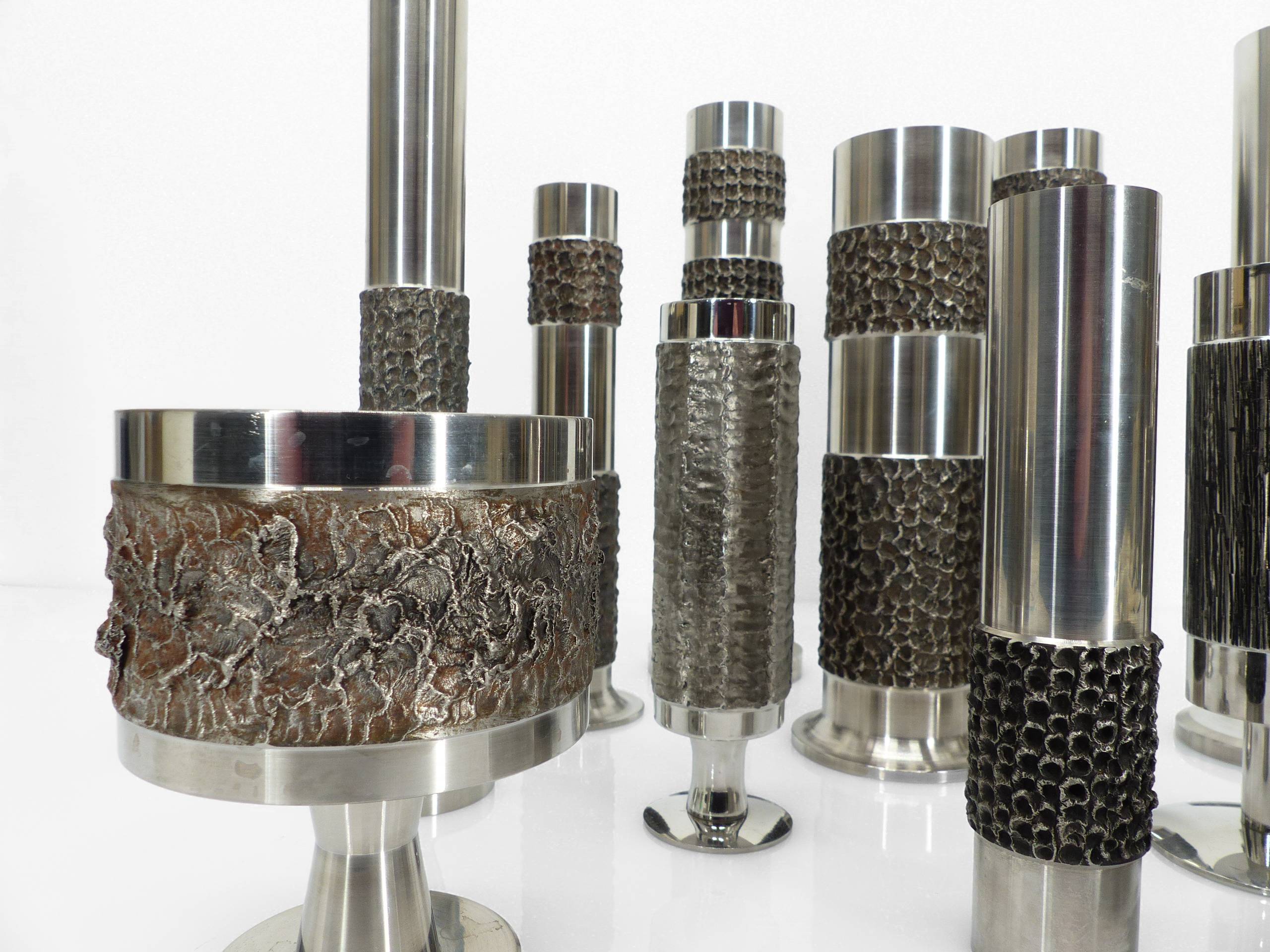 Set of 13 brutalist Space Age vases in steel – BMF, Germany, circa 1970