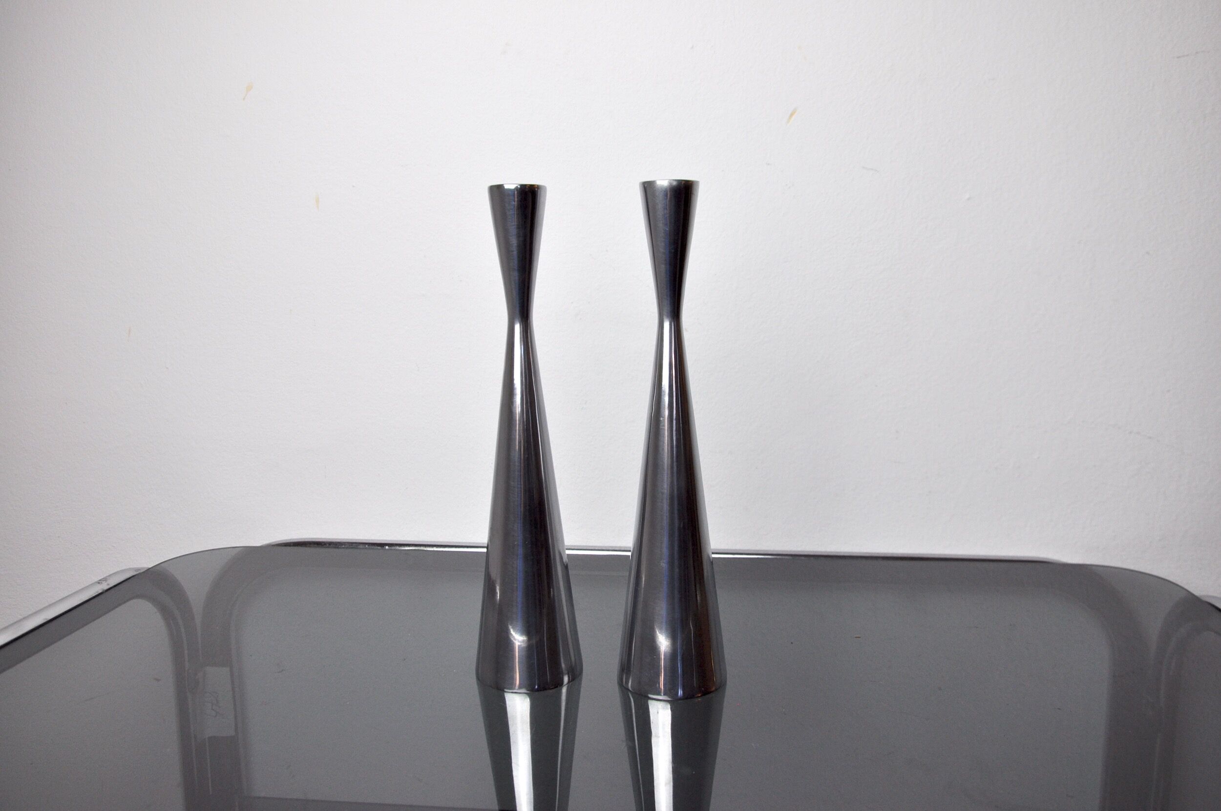 Pair of scandinavian diabolo candle holders, aluminum, sweden, 1970
