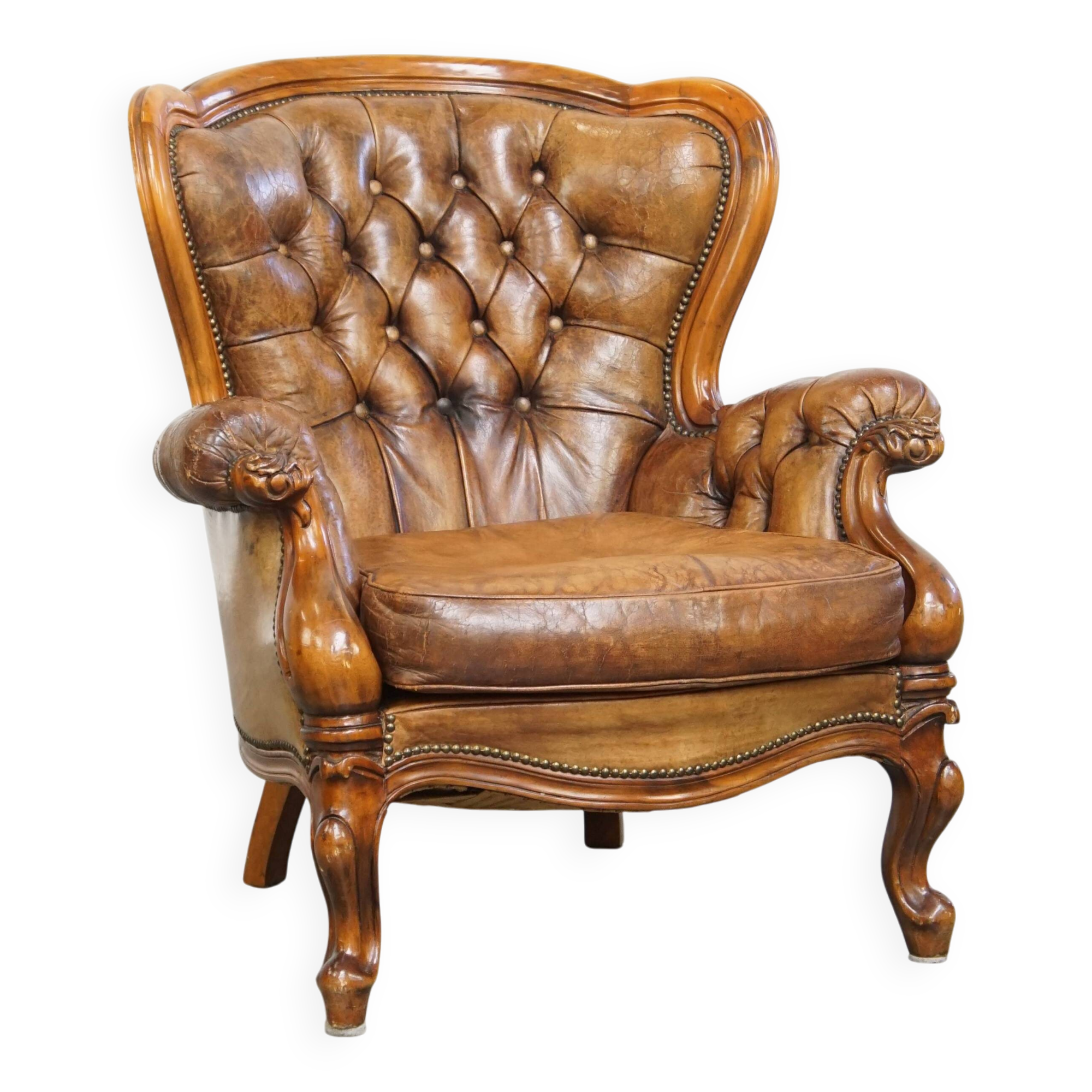 Antique Baroque Sheepskin Leather Chesterfield Armchair
