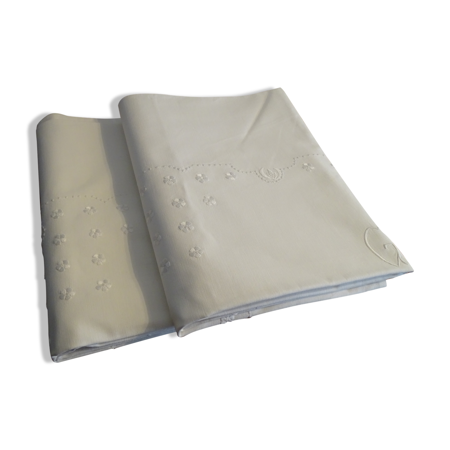 Set de 2 taies d'oreillers anciennes brodées à monogrammes GS coton 78 cm x 75 cm