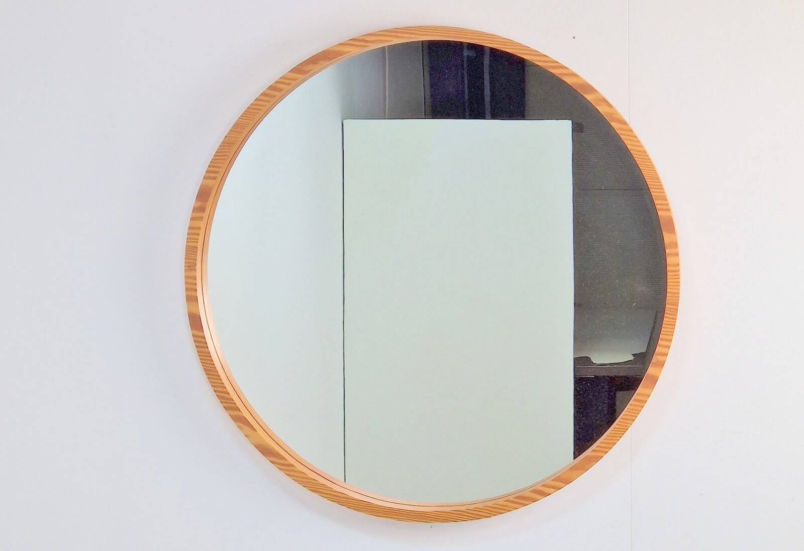 Large Mid-Century Round Pine Mirror, Denmark, 1960s