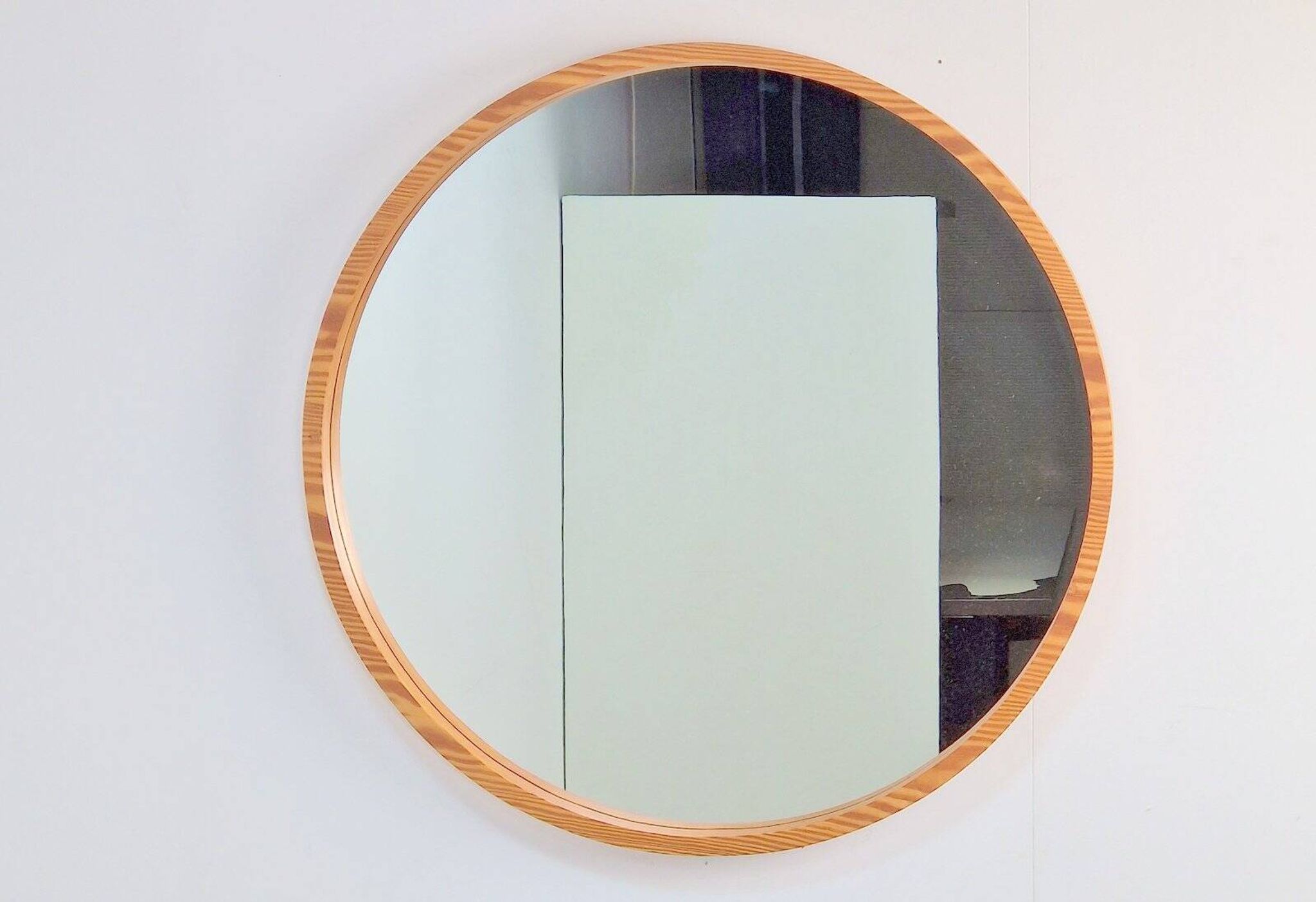 Large Mid-Century Round Pine Mirror, Denmark, 1960s