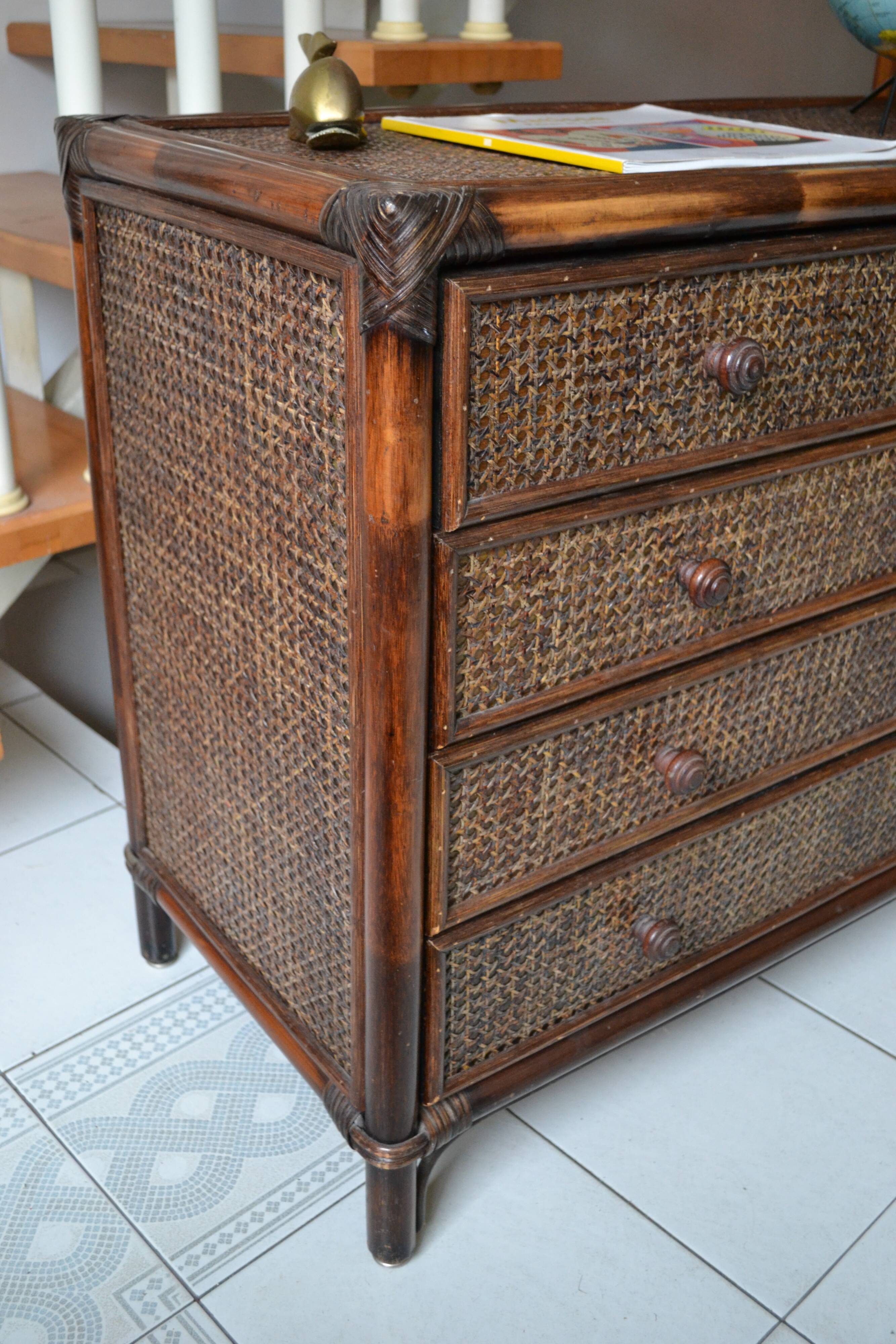 Vintage rattan bamboo chest of drawers