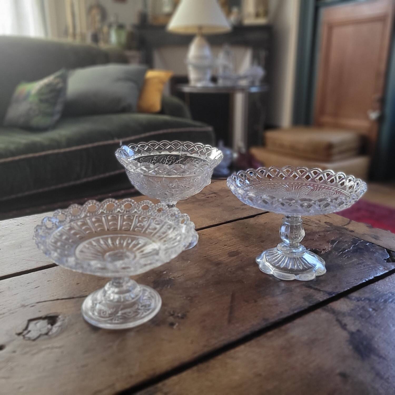 Trio of antique openwork pressed glass bowls – France, 1920–1940