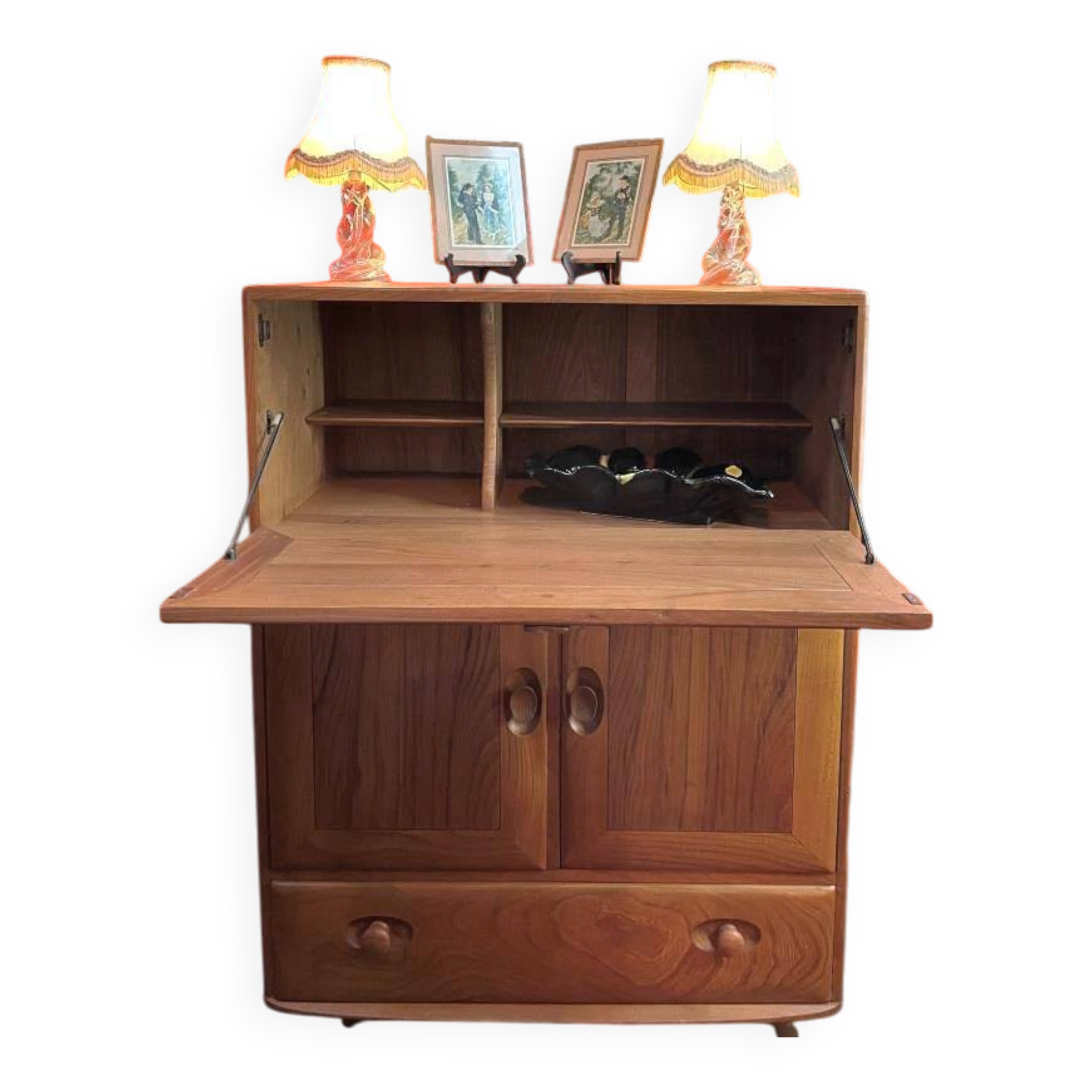 Ercol English wooden secretary, on wheels – 1970s.