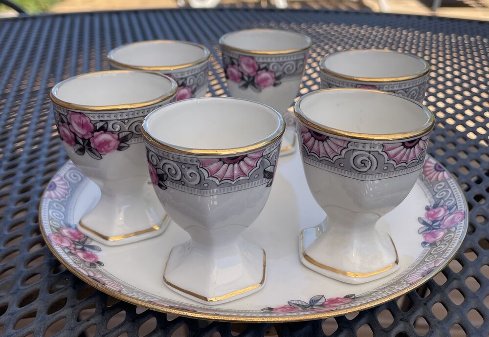 PLATTER AND ITS 6 PORCELAIN COQUETIERS WITH FLORAL DECOR TABLE ART