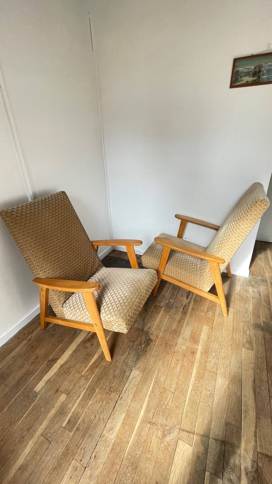 Pair of Manucere armchairs with vintage compass legs