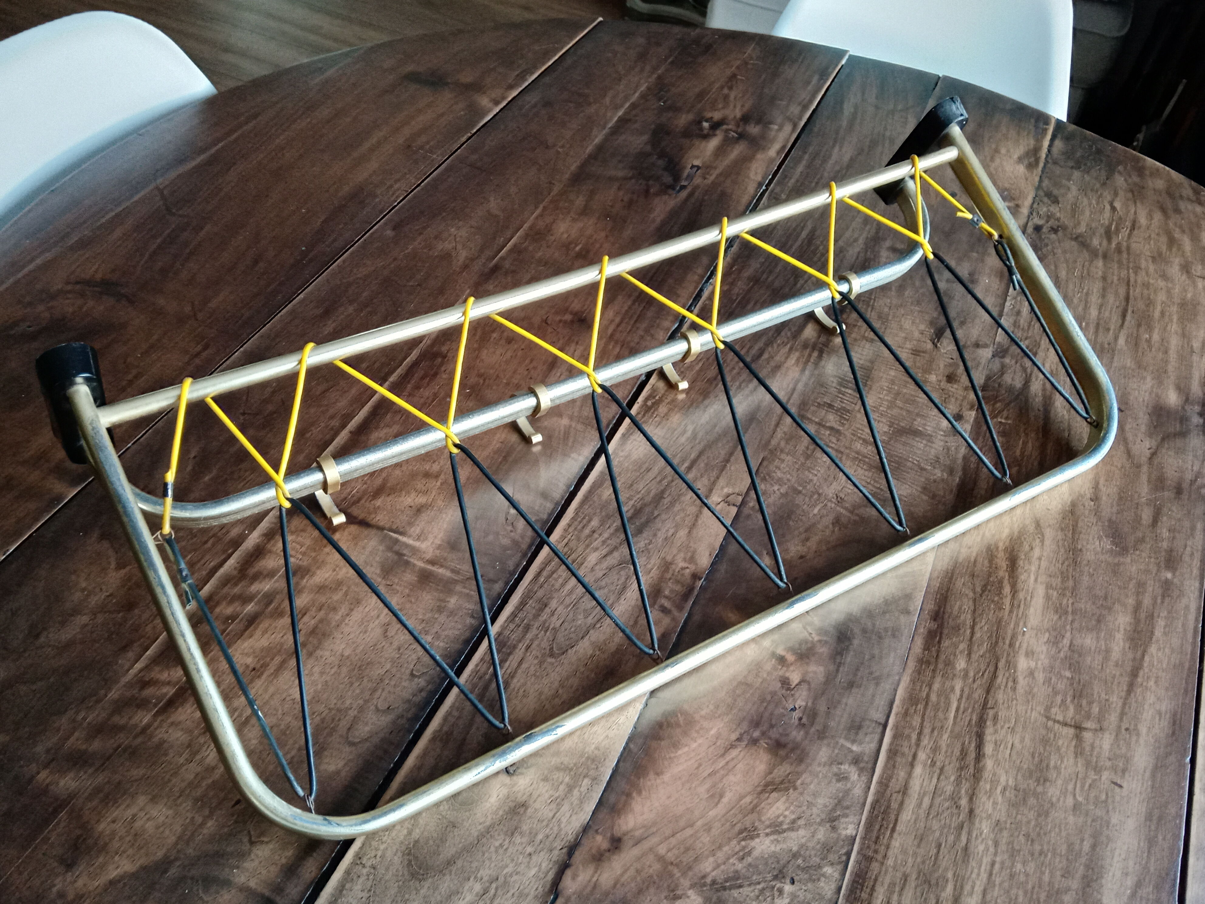 Vintage 70s coat rack in gold aluminum 4 crochets with scoubidou hats