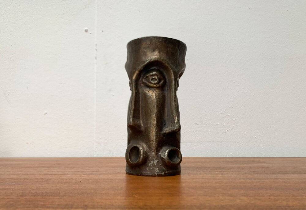 Abstract vase with a brutalist bronze face from the mid-century.