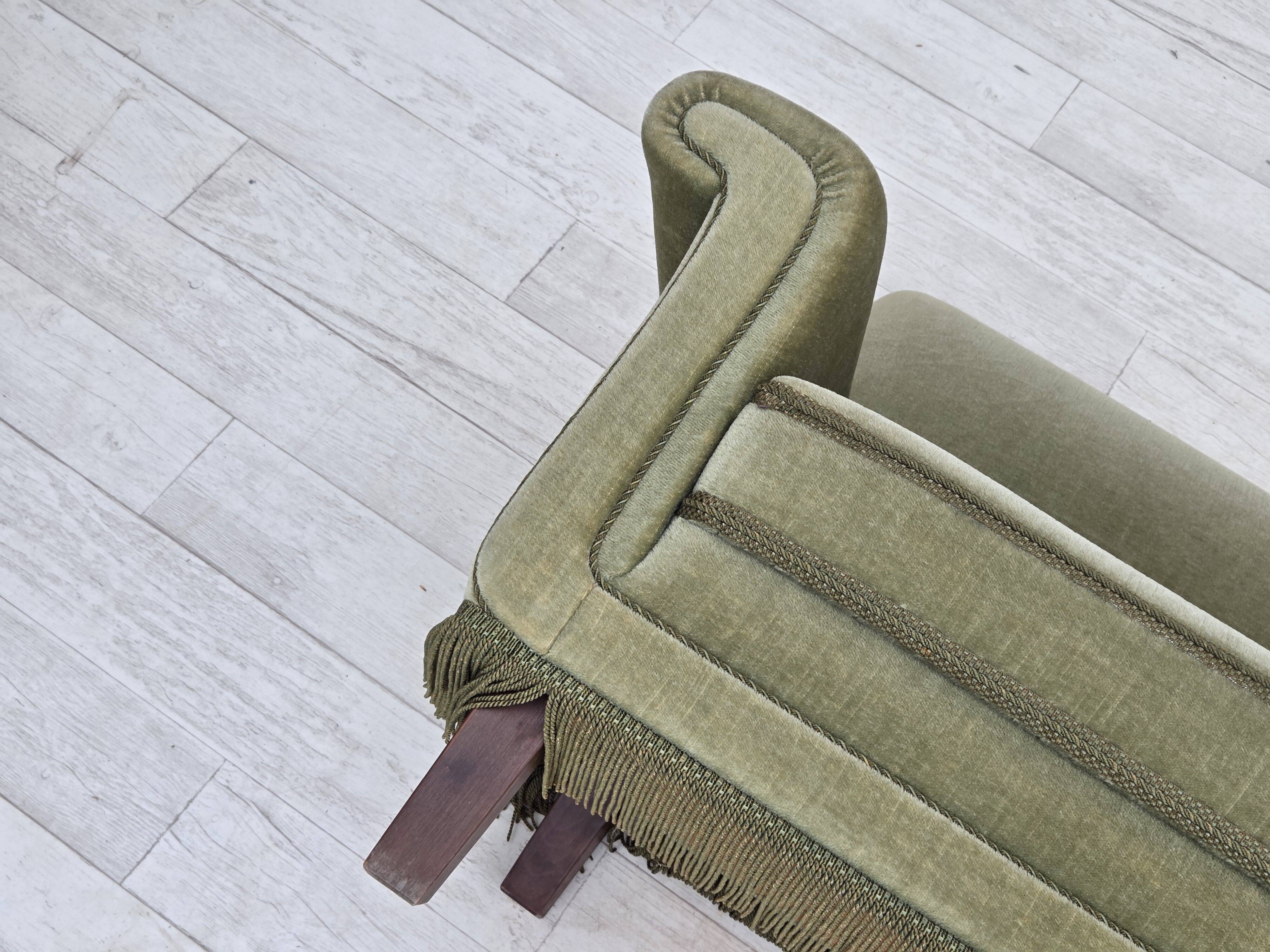 1970s, Danish 3-seater sofa, green furniture velour, beech wood.