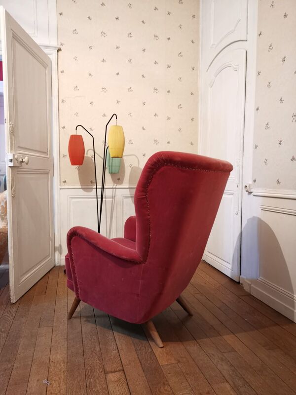 Fauteuil danois bergère année 40 50 velour rouge