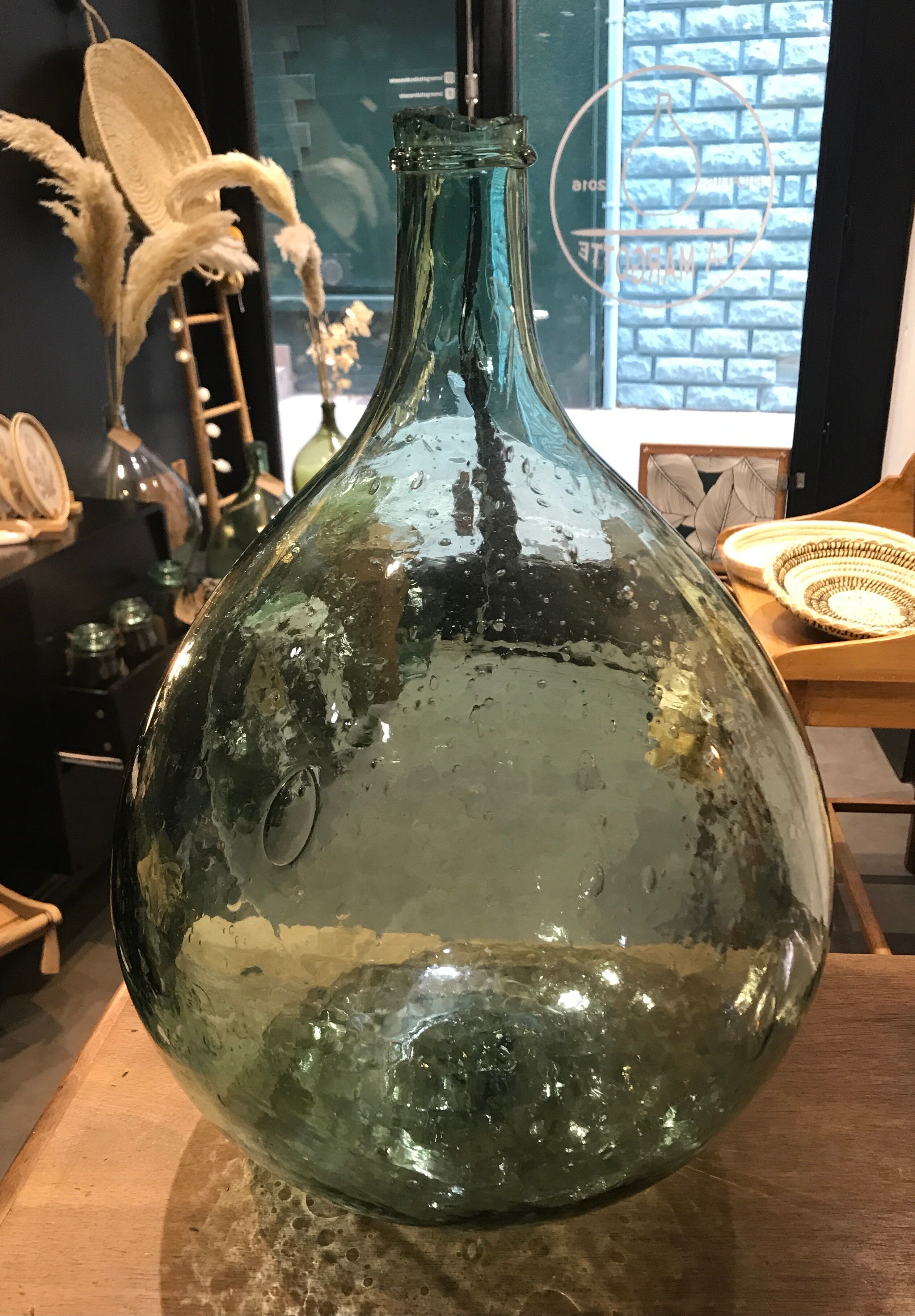 Dame Jeanne green/turquoise bubbled glass