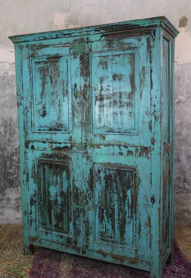 Blue 2-level wardrobe, 4 doors, natural interior, recovered from Indian homes