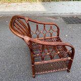 Adult burgundy rattan and wicker armchair with cushion 1970