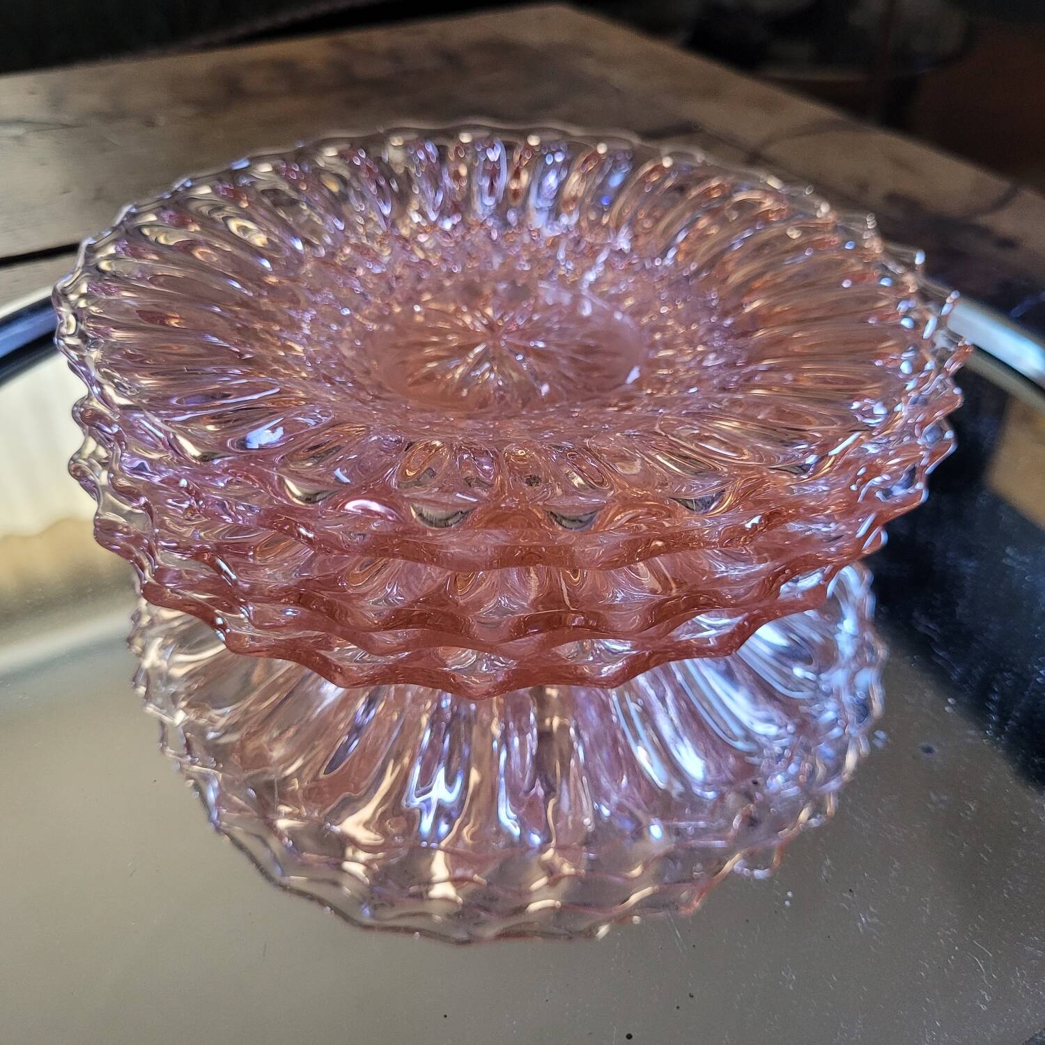 Art Deco Pressed Glass Dessert Plates in Pink — Circa 1930