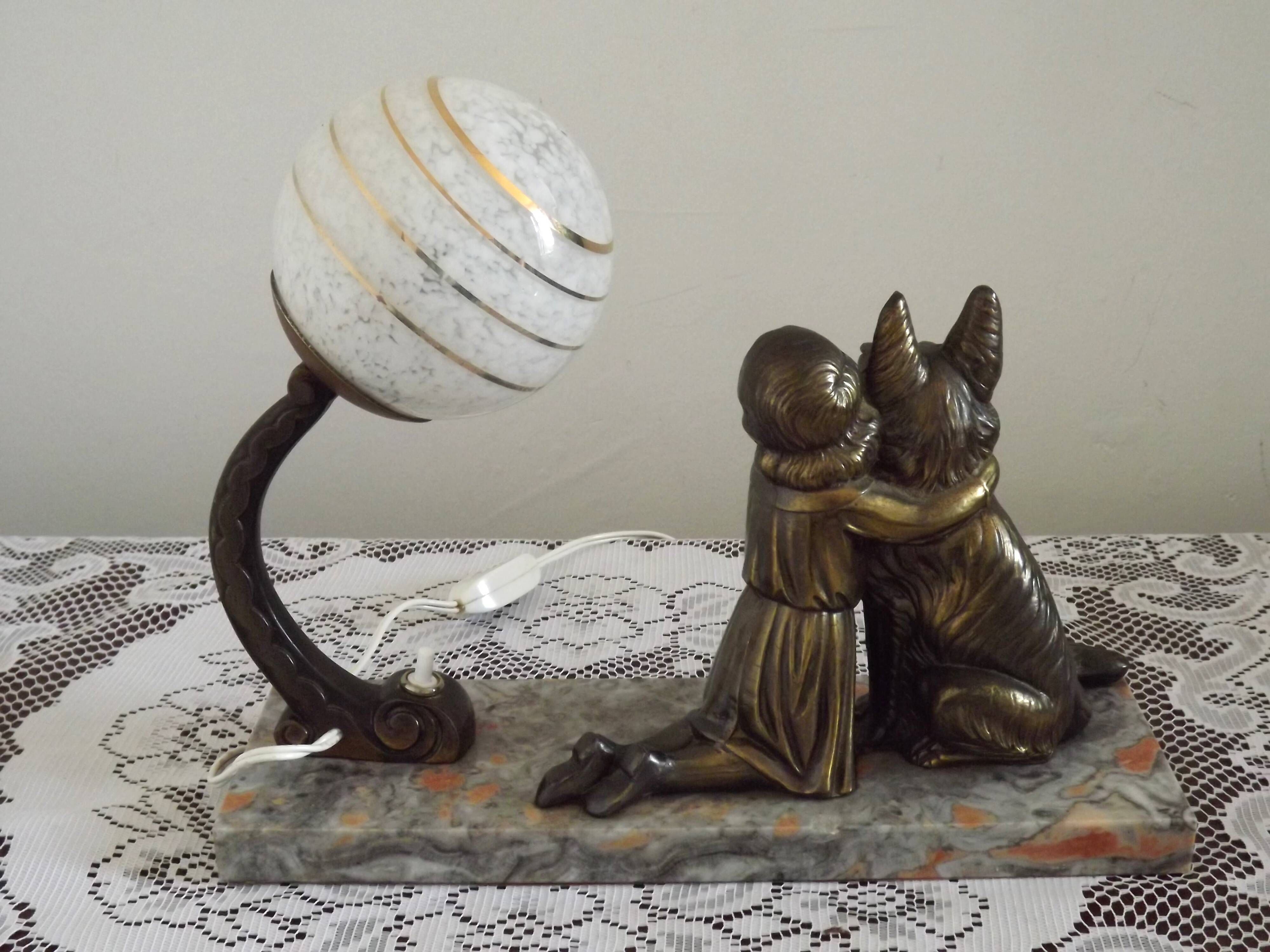 French Art Deco Table Lamp – Kneeling Girl with Dog & Clichy Glass Shade