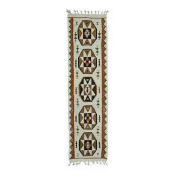 1970s Vintage Turkish Oushak Handmade Wool Cotton Beige Runner Rug 87x326
