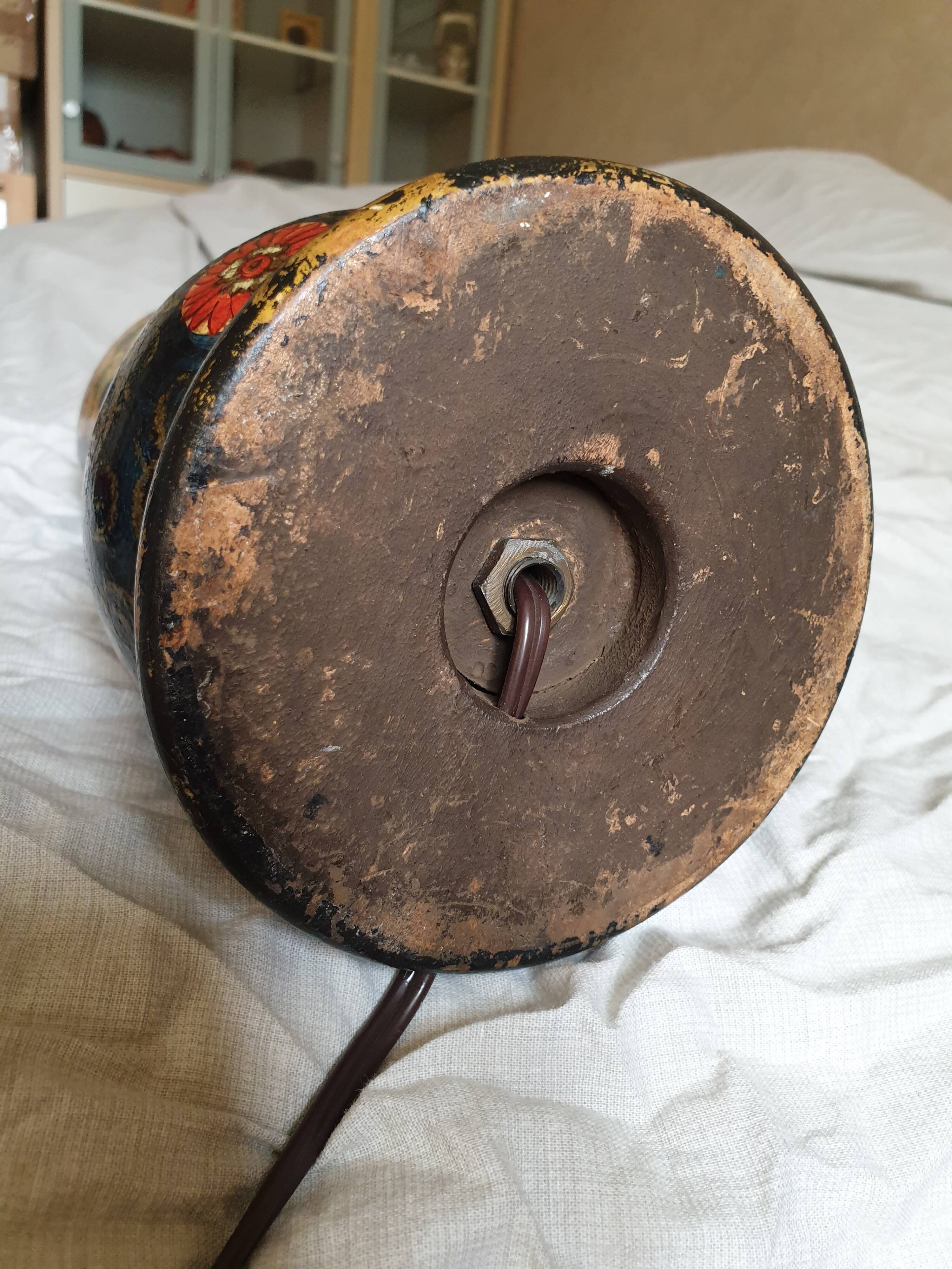 Multicolored painted wooden lamp with floral and animal decoration