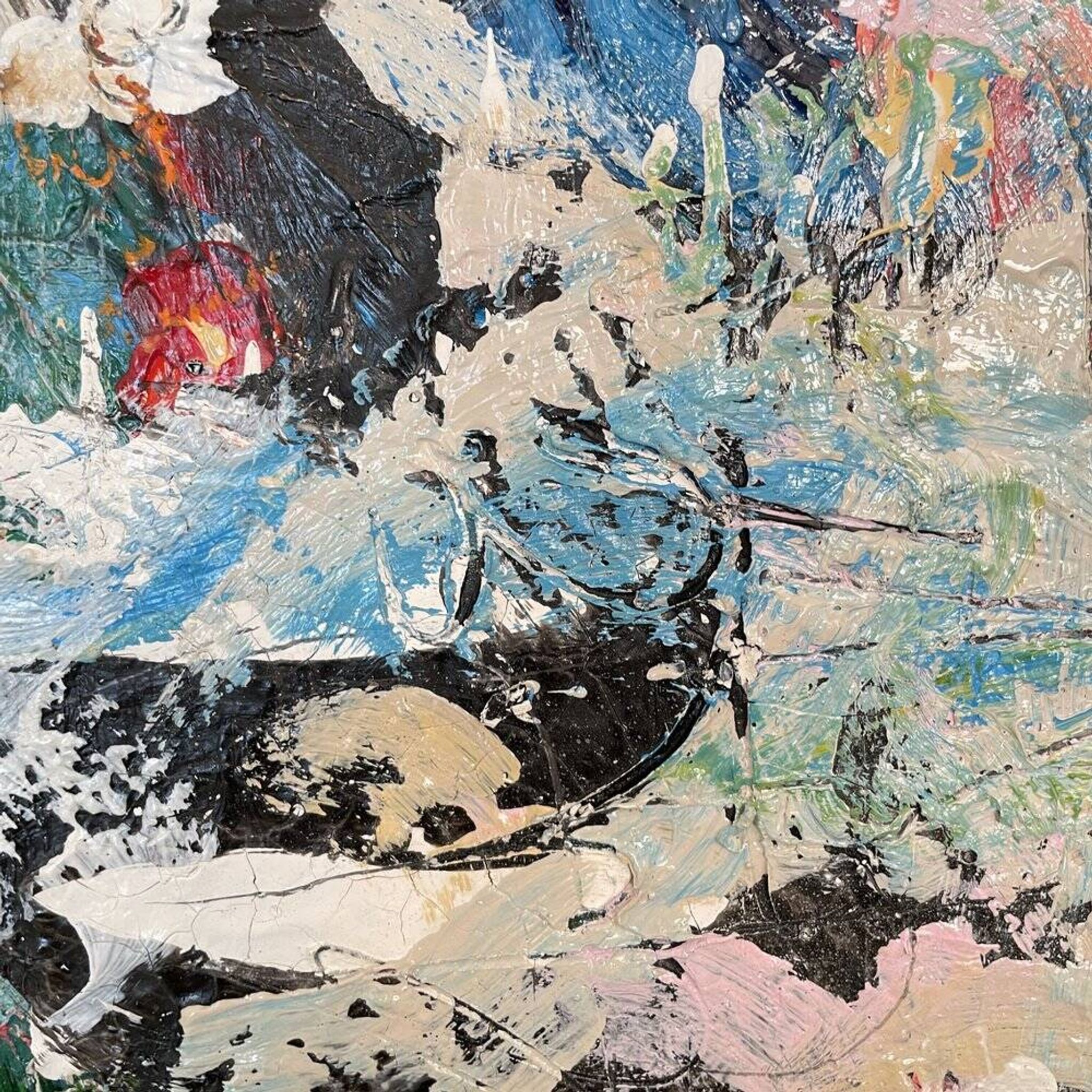 Acrylique et médias mixtes sur panneau encadrée, composition abstraite, Felix Bachmann
