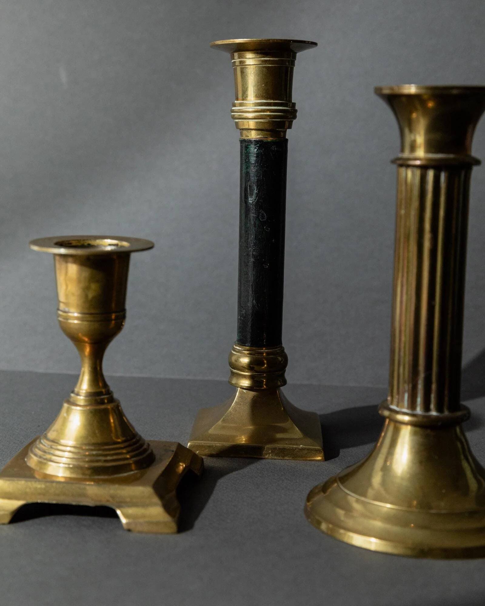 Lot of 3 vintage brass candlesticks from the 1940s, various shapes, classic antique design, retro table decoration, elegant gift idea.